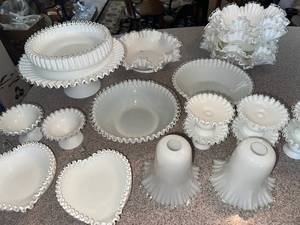lot 612 image: Collection of 20 Vintage Fenton Silver Crest Milk Glass Pieces