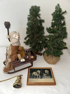 lot 629 image: Assorted Christmas Decor including Trees, Bear Statue, Santa, and More