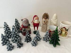lot 630 image: Set of Vintage Christmas Decorations including Santa Figures and Snowy Trees