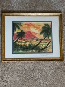 lot 637 image: Vintage Aloha Woody Clark Print - Red Diamond Head Framed Artwork