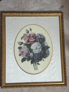 lot 643 image: Framed Floral Print Artwork with Gold Frame
