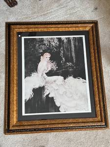 lot 648 image: Framed Louis Icart Print - Elegant Woman with Feathers
