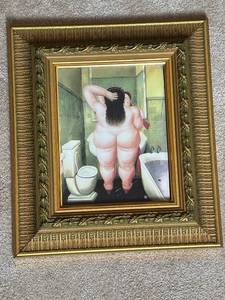 lot 655 image: Framed Botero Style Artwork - Woman in Bathroom with Gold Ornate Frame