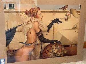 lot 661 image: The Creation - Michael Parkes Unique Surrealist Artwork Print with Woman, Leopard, and Owl
