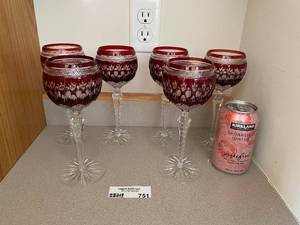 lot 751 image: Set of 6 Ruby Red Cut Crystal Wine Glasses
