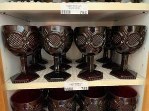 lot 753 image: Set of 12 Vintage Avon Cape Cod Ruby Red Goblets with Geometric Design
