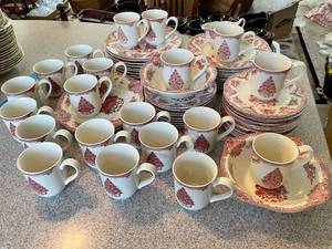 lot 757 image: Set of Johnson Bros Christmas Tree Red Pattern Dinnerware