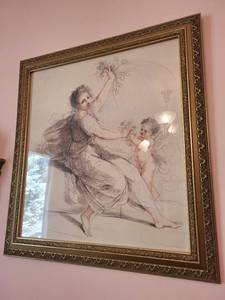 lot 725 image: Framed Sketch Art with Winged Cherub Shelf Pair