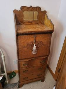 Antique Oak Secretary Desk with Mirror and Decorative Accents