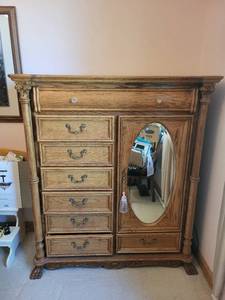 lot 732 image: Ornate Wooden Tallboy Dresser with Mirror and Drawers