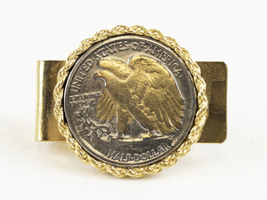 lot 14 image: Walking Liberty Half Dollar Gold Painted Eagle Coin Money Clip .