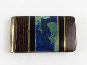 lot 16 image: Turquoise & Wood Inlaid Gold Tone Base Metal Money Clip.