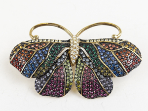 lot 34 image: Multi-Colored Butterfly Gold Tone Base Metal Brooch .