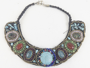 lot 58 image: Tibetan Colorful Multi-Gemstone Beaded Sterling Silver Bib Necklace.