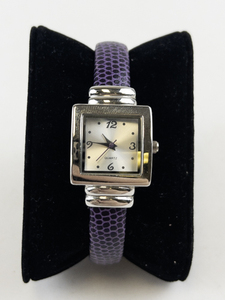 lot 60C image: Purple Leather Cuff stainless steel and base metal Quartz Analog watch. New Battery Installed