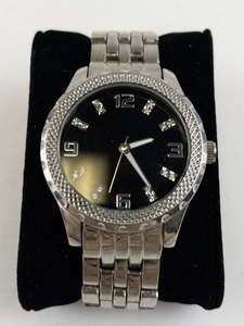 lot 60I image: Black & Rhinestone Silver Tone stainless steel and base metal Quartz Analog watch. New Battery Installed