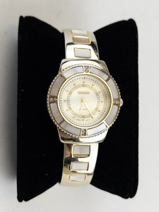 lot 60O image: Ladys Kessaris  Pink Mother Of Pearl Cuff Gold Tone stainless steel and base metal Quartz Analog watch cuff. New Battery Installed