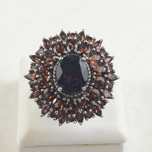 lot 87 image: Garnet Cluster Silver Tone Sterling Silver Statement Ring . Size 7 - 7.25.