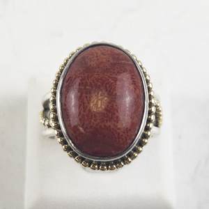 lot 88 image: Colleen Lopez Red Coral Cabochon Two Tone Sterling Silver Statement Ring . Size 10 - 10.25.