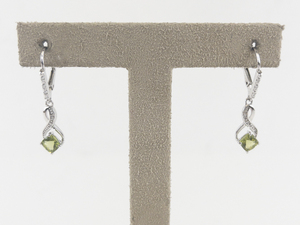 lot 123 image: Peridot & Diamond Sterling Silver French Wire Dangle Drop Earrings .