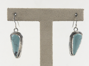 lot 131 image: Tina Benally  Turquoise Teardrop Sterling Silver French Wire Dangle Earrings .