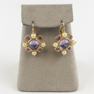 lot 139 image: Joan Rivers Pink & Purple Rhinestone Floral Gold Tone Base Metal French Wire Earrings .