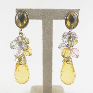 lot 148 image: Multi Jeweled Dew Drop Silver Tone Base Metal Clip-On Earrings .