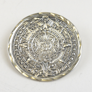 lot 183 image: Aztec Sun Calendar Sterling Silver Pin With Pendant.