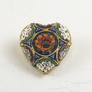 lot 198 image: Italian Colorful Micro Mosaic Heart Gold Tone Base Metal Brooch.