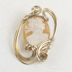 lot 231 image: Ornate Wire Wrapped Carved Shell Cameo Gold Filled pendant (no chain). New Old StockEstimated Replacement value $165