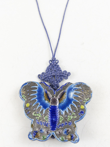 lot 300 image: Blue Enamel Chinese Moth Silver Plated Necklace.