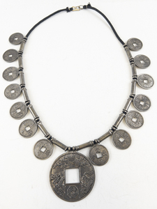 lot 309 image: Huge Chinese Coin Silver Tone Base Metal Statement Necklace.