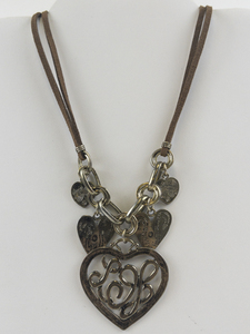 lot 320 image: Dangling Hearts Base Metal Leather Cord Necklace .