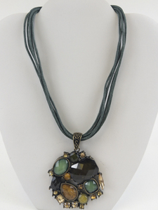 lot 324 image: Multi-Colored Rhinestone Base Metal Leather Cord Pendant Necklace .