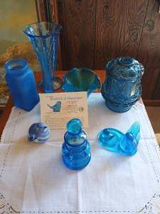 lot 26 image: Lot of Blue Glass Vases, Carnival Glass & Blue Birds