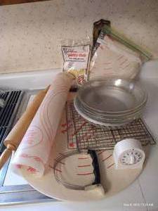 lot 111 image: Pastry Lot Pie Pans, Pins, Pastry Board & Cloth, Etc