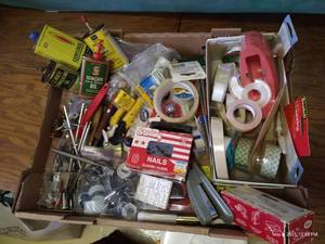 lot 140 image: Flat of Hardware, Tapes, Hand Tools, Etc
