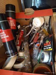 lot 152 image: Box of Tools, Tapes, Bondo Undercoat, Padlocks, Etc