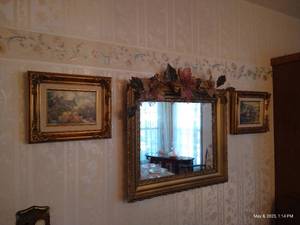 lot 153 image: Two Framed Marty Bell Paintings & Gold Mirror