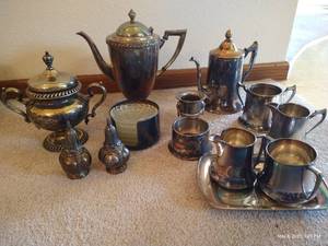 lot 157 image: Silver Plate Tea Pots, Cream & Sugar, Trays, Etc