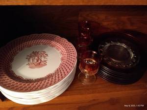 lot 164 image: Ruby Thumbprint Tiffin Glass Plates Goblets China Dinner Plates