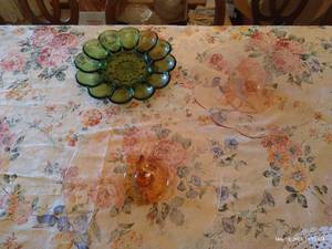 lot 202 image: Colored Glass Lot Pink Cake Stand, Peach Serving Tray & Green Deviled Egg Plate