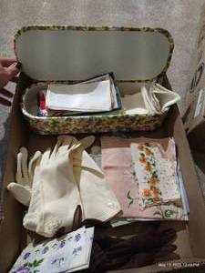 lot 230 image: Flat of Vintage Ladies Gloves & Handkerchiefs