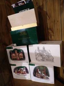 lot 294 image: Dept 56 Dickens Village - (5) Buildings  Trees