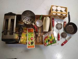 lot 313 image: Vintage Kitchen Utensils, Spice Jars, Toaster, Etc