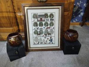 lot 335 image: Framed Cross-stitch & (2) Candle Holders