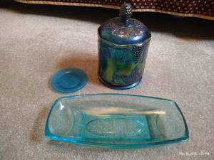 lot 399 image: Carnival Glass Candy Dish & Blue Glassware