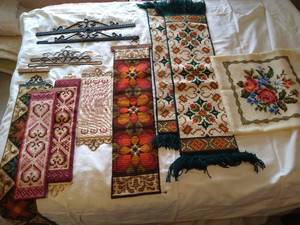 lot 424 image: Lot of Hardanger & Needlepoint Art & Hanging Hardware