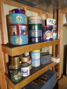 lot 537 image: Two Shelves of DecorativeVintage Tins
