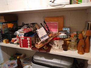 lot 540 image: Shelf of Candles, Candle Holders, Votives, Candle Making Items